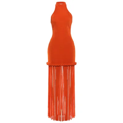Women Fashion Sexy Solid Color Halter-Neck Backless Tassel Dress