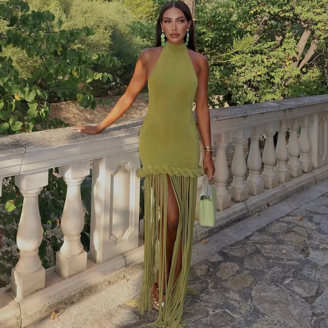 Women Fashion Sexy Solid Color Halter-Neck Backless Tassel Dress