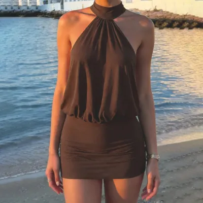 Women Fashion Sexy Summer Solid Color High Neck Halter Sleeveless Backless Dress