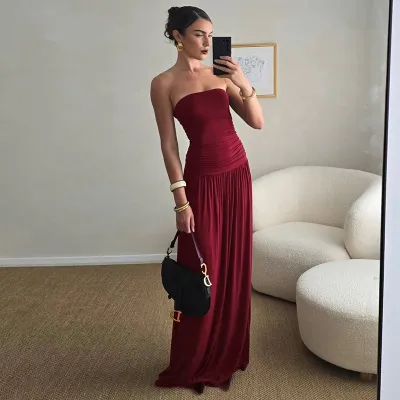 Women Fashion Sexy Summer Solid Color Tube Top Pleated Dress