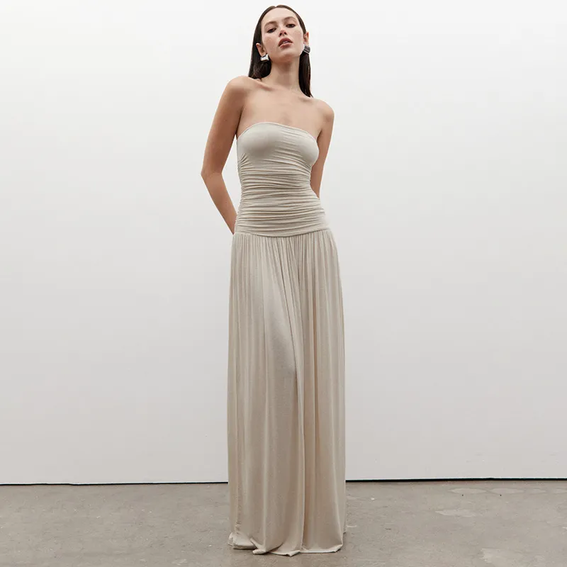 Women Fashion Sexy Summer Solid Color Tube Top Pleated Dress