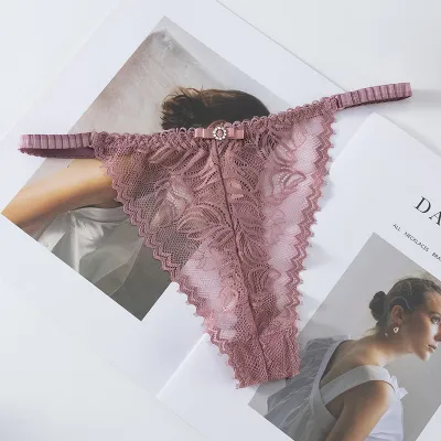 Women Fashion Sexy Solid Color Lace Thin Hollow-Out Thong