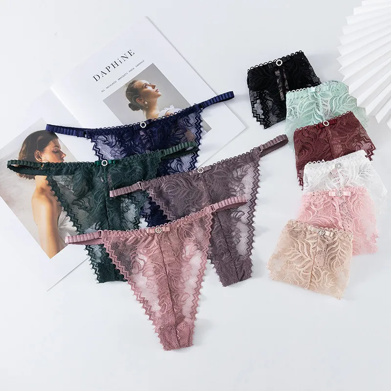 Women Fashion Sexy Solid Color Lace Thin Hollow-Out Thong
