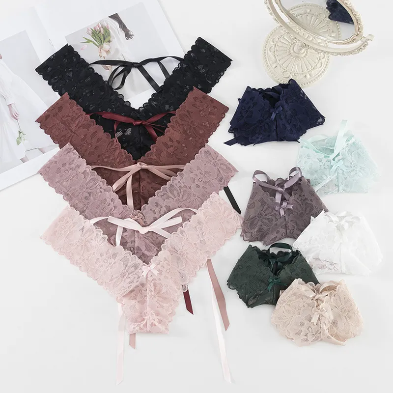 Women Fashion Sexy Solid Color Lace Lace-Up Thong