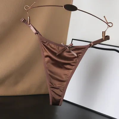 Women Fashion Sexy Solid Color Satin Bowknot Low Waist Thong