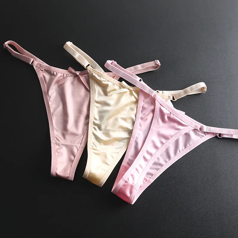 Women Fashion Sexy Solid Color Satin Bowknot Low Waist Thong