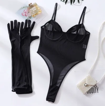 Women Fashion Solid Color Lace Mesh Perspective Gloves Sexy Lingerie Set