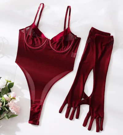 Women Fashion Solid Color Lace Mesh Perspective Gloves Sexy Lingerie Set