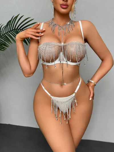 Women Fashion Perspective Drop Rhinestone Tassel Sexy Lingerie Three-Piece Set