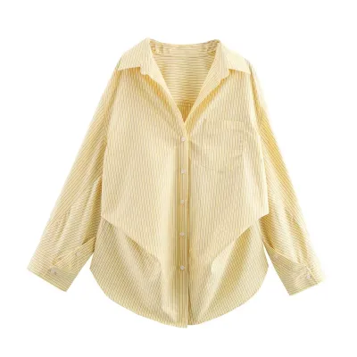 Women Fashion Casual Stripe Lapel Long-Sleeve Loose Blouse