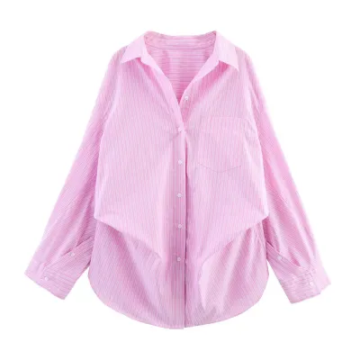 Women Fashion Casual Stripe Lapel Long-Sleeve Loose Blouse