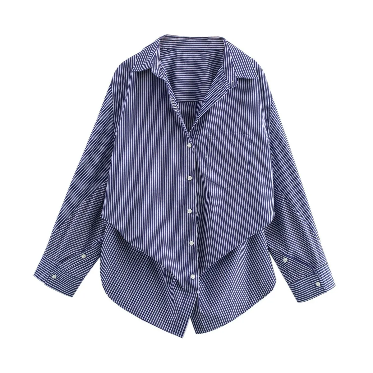 Women Fashion Casual Stripe Lapel Long-Sleeve Loose Blouse