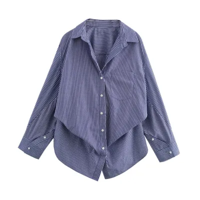 Women Fashion Casual Stripe Lapel Long-Sleeve Loose Blouse