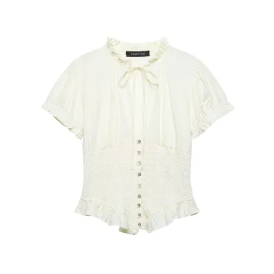 Women Fashion Casual Solid Color Pleated Short-Sleeve Blouse