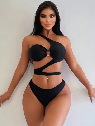 Women Fashion Sexy Hollow Solid Color Bikini Swimsuit