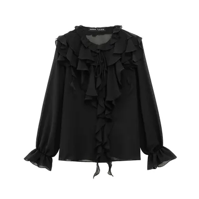 Women Fashion Casual Elegant Solid Color Long-Sleeve Loose Ruffled Blouse