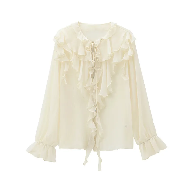 Women Fashion Casual Elegant Solid Color Long-Sleeve Loose Ruffled Blouse