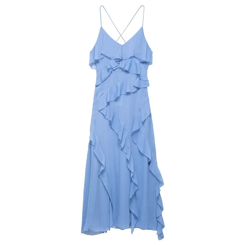 Women Fashion Sexy Summer Solid Color Spaghetti Strap Ruffled Dress