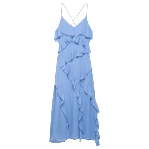 Women Fashion Sexy Summer Solid Color Spaghetti Strap Ruffled Dress
