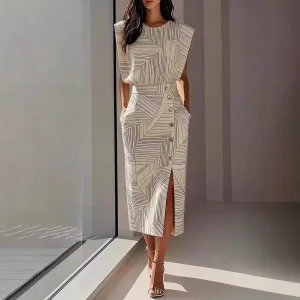 Fashion Women Geometric Print Sleeveless Top And Split Midi Skirt Two-Piece Set