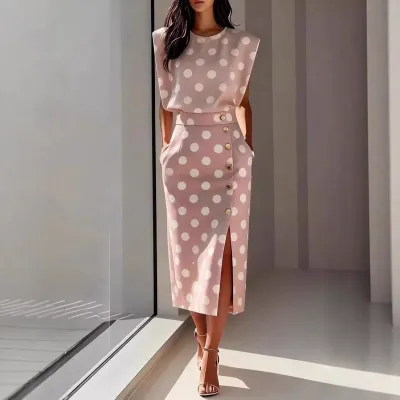 Fashion Women Geometric Print Sleeveless Top And Split Midi Skirt Two-Piece Set