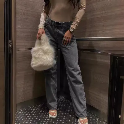 Women Fashion Casual High-Waist Ripped Slim-Fit Straight Jeans