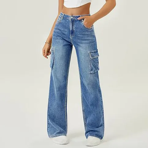 Women Fashion Casual High Waist Multi-Pocket Cargo Jeans