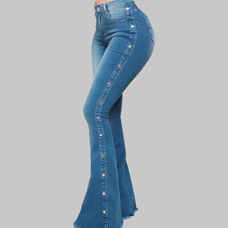 Women Fashion Casual Side Button Decoration High Waist Stretch Flared Jeans