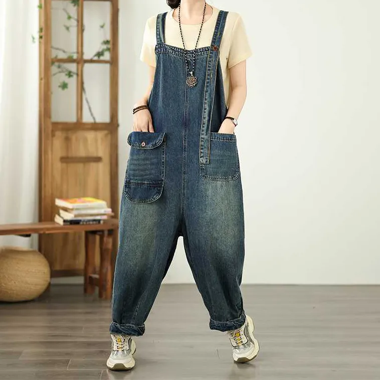 Women Fashion Casual Spring And Autumn Pockets Loose Denim Overalls