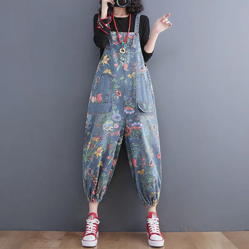 Women Fashion Casual Printed Thin Wash Denim Overalls