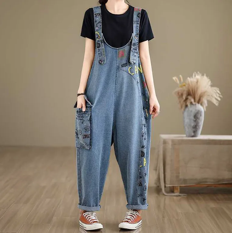 Women Fashion Casual Printed Loose Denim Overalls