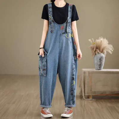 Women Fashion Casual Printed Loose Denim Overalls
