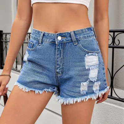 Women Fashion Casual Washed Ripped Denim Shorts