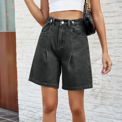 Women Fashion Casual Simple Washed Waist Adjustable Denim Shorts