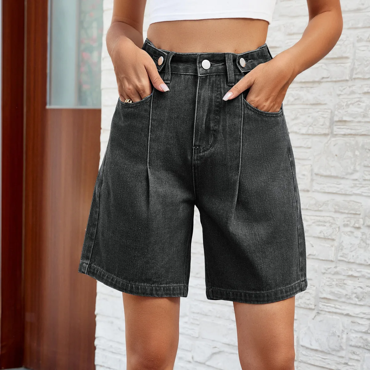 Women Fashion Casual Simple Washed Waist Adjustable Denim Shorts