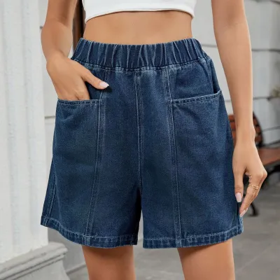 Women Fashion Casual Simple Solid Color Elastic Waist Denim Shorts