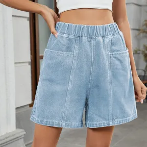 Women Fashion Casual Simple Solid Color Elastic Waist Denim Shorts