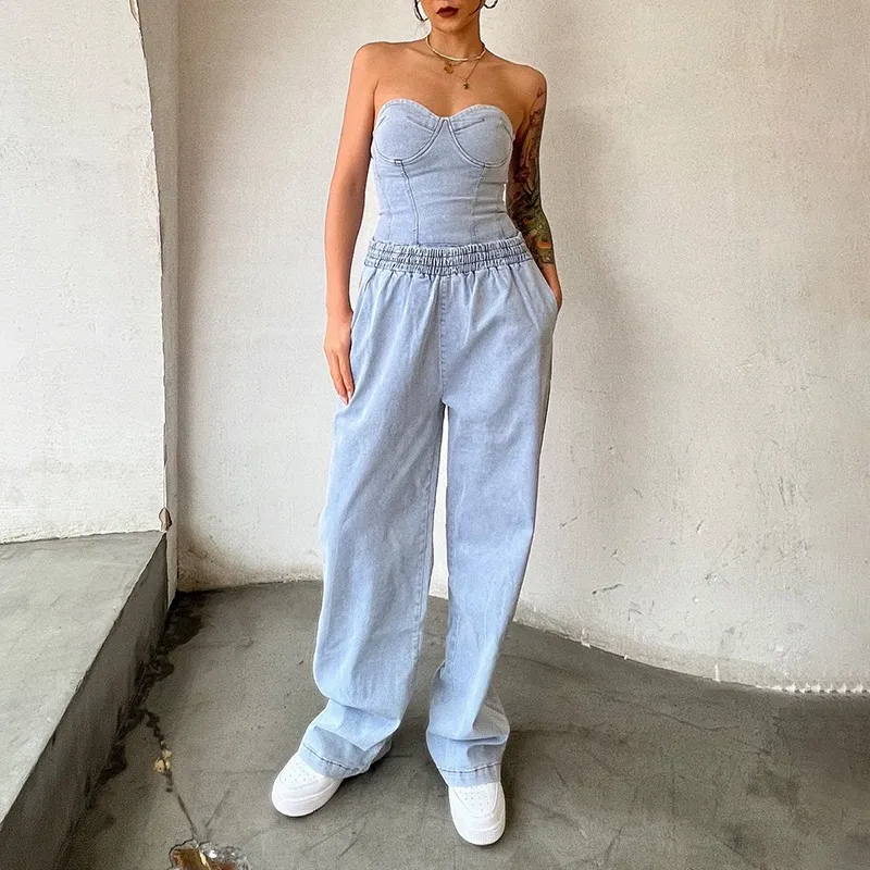 Women Fashion Sexy Denim Tube Top Stretch Straight Jeans Two-Piece Set