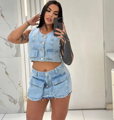 Women Fashion Sexy Summer Denim Sleeveless Vest Pocket Mini Skirt Two-Piece Set