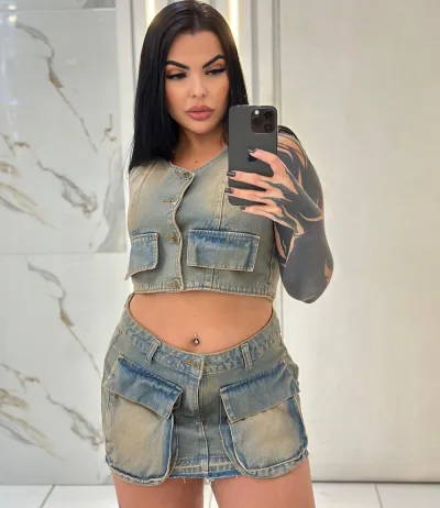 Women Fashion Sexy Summer Denim Sleeveless Vest Pocket Mini Skirt Two-Piece Set