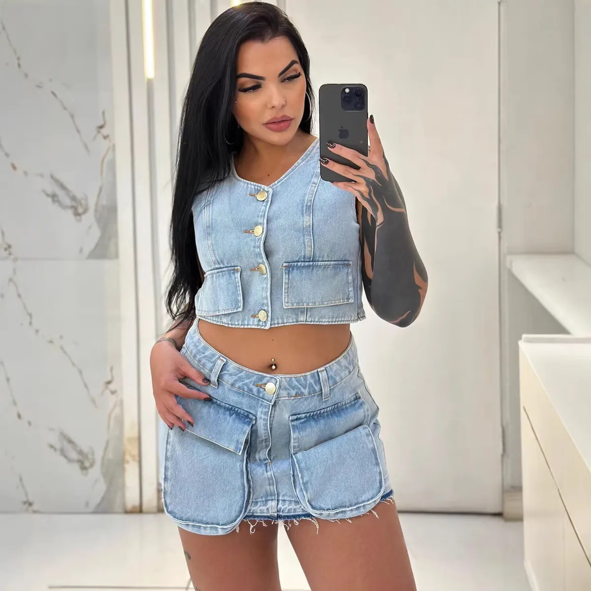 Women Fashion Sexy Summer Denim Sleeveless Vest Pocket Mini Skirt Two-Piece Set