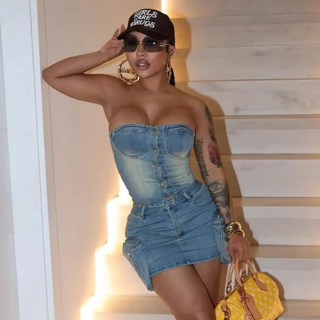 Women Fashion Sexy Denim Tube Top Buckle Stretch Washed Pocket Mini Skirt Two-Piece Set