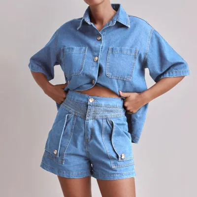 Women Fashion Casual Summer Solid Olor Denim Lapel Short-Sleeve Top Loose Shorts Two-Piece Set
