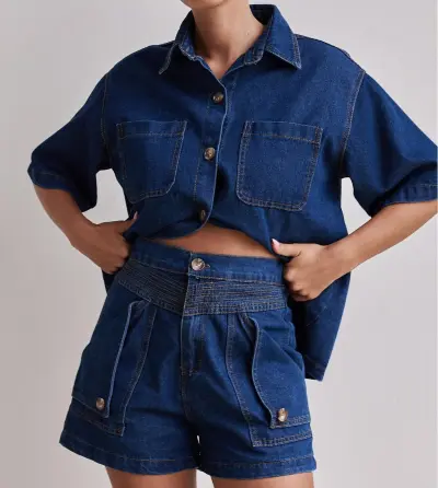 Women Fashion Casual Summer Solid Olor Denim Lapel Short-Sleeve Top Loose Shorts Two-Piece Set