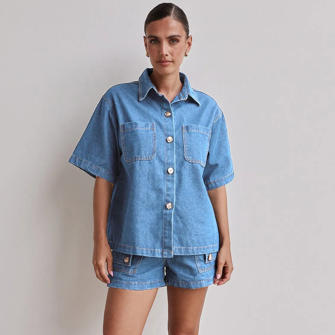 Women Fashion Casual Summer Solid Olor Denim Lapel Short-Sleeve Top Loose Shorts Two-Piece Set