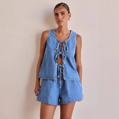 Women Fashion Casual Summer Solid Color Denim Sleeveless Lace-Up Vest High Waist Shorts Two-Piece Set