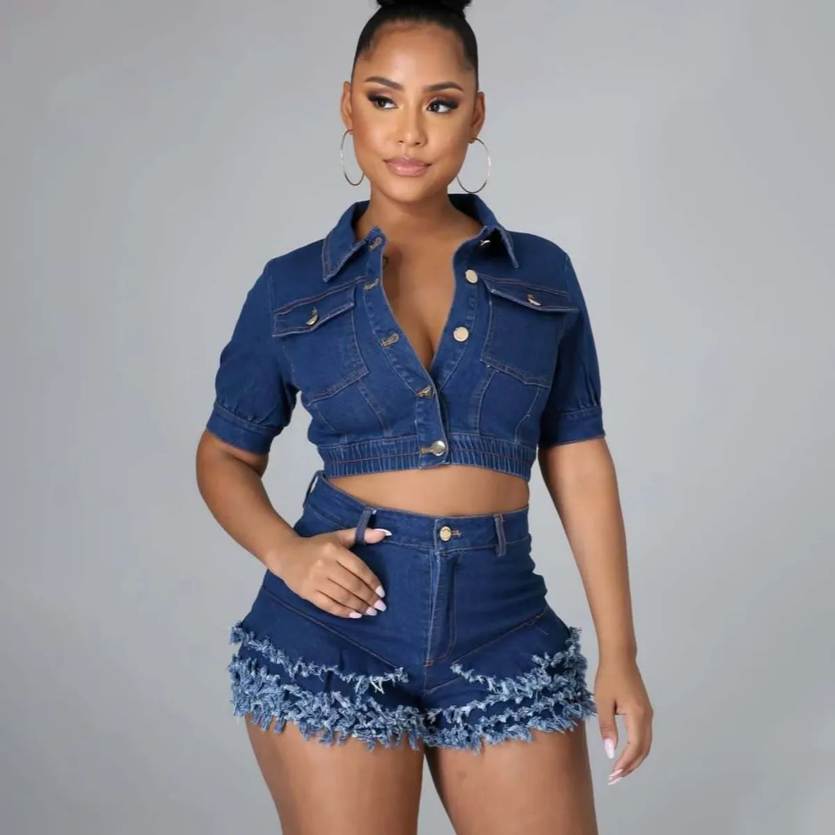 Women Fashion Casual Summer Solid Color Denim Lapel Short-Sleeve Crop Top Slim-Fit Tassel Shorts Two-Piece Set