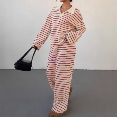 Women Casual Fashion Stripe Contrast Lar Long Sleeve Top And Pants Two-Piece Set