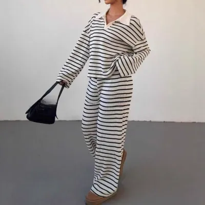 Women Casual Fashion Stripe Contrast Lar Long Sleeve Top And Pants Two-Piece Set