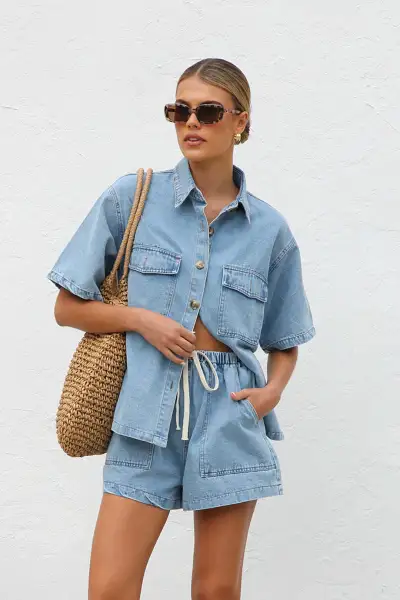 Women Fashion Casual Summer Solid Color Denim Lapel Short-Sleeve Blouse Loose Pocket Shorts Two-Piece Set